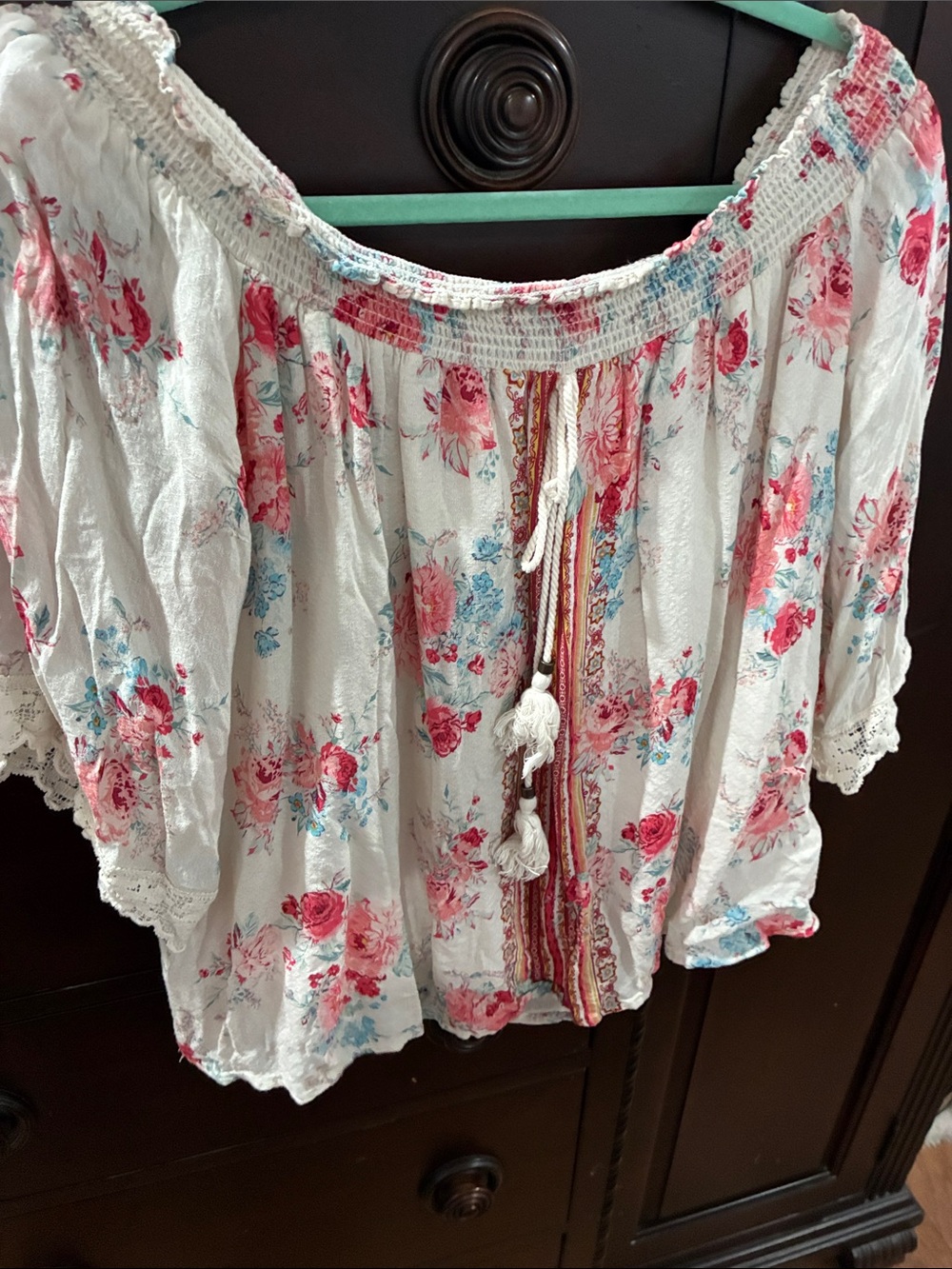 Floral Off-Shoulder Blouse with Tassel Tie - White with Pink Roses